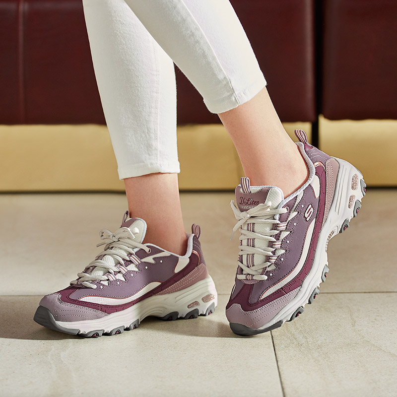 Cheap Skechers D‘LITES 奶茶熊芋圓波波 耐磨 低筒 老爹鞋 女款 紫白