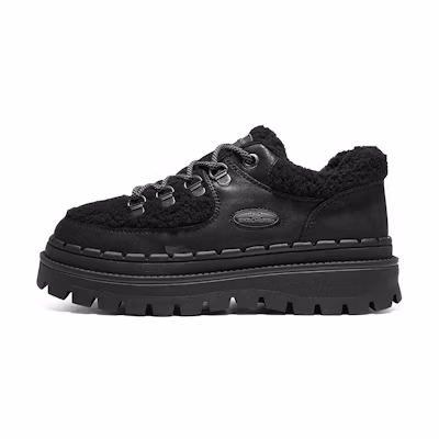 (W) Skechers Low Top 'Black Faux Shearling Patchwork'