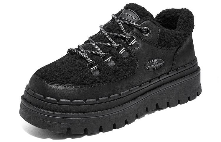 Lookbook Skechers 羊羔絨拼接 防滑耐磨 低筒 生活休閒鞋 女款 黑色