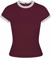 (Women) SKIMS Contrast Crewneck Slim Fit Short Sleeve T-Shirt Maroon/Brown TP-TSH-3934-MAR (Women) SKIMS Contrast Crewneck Slim Fit Short Sleeve T-Shirt Maroon/Brown TP-TSH-3934-MAR