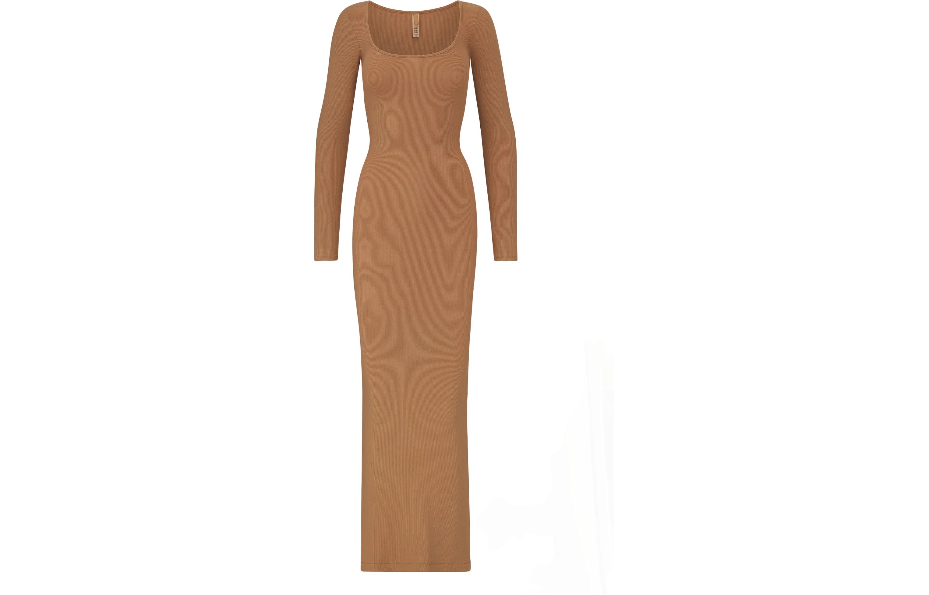 (Women) SKIMS  Solid Square Neck Long Sleeve Dress - Camel AP-DRS-1701-CAM