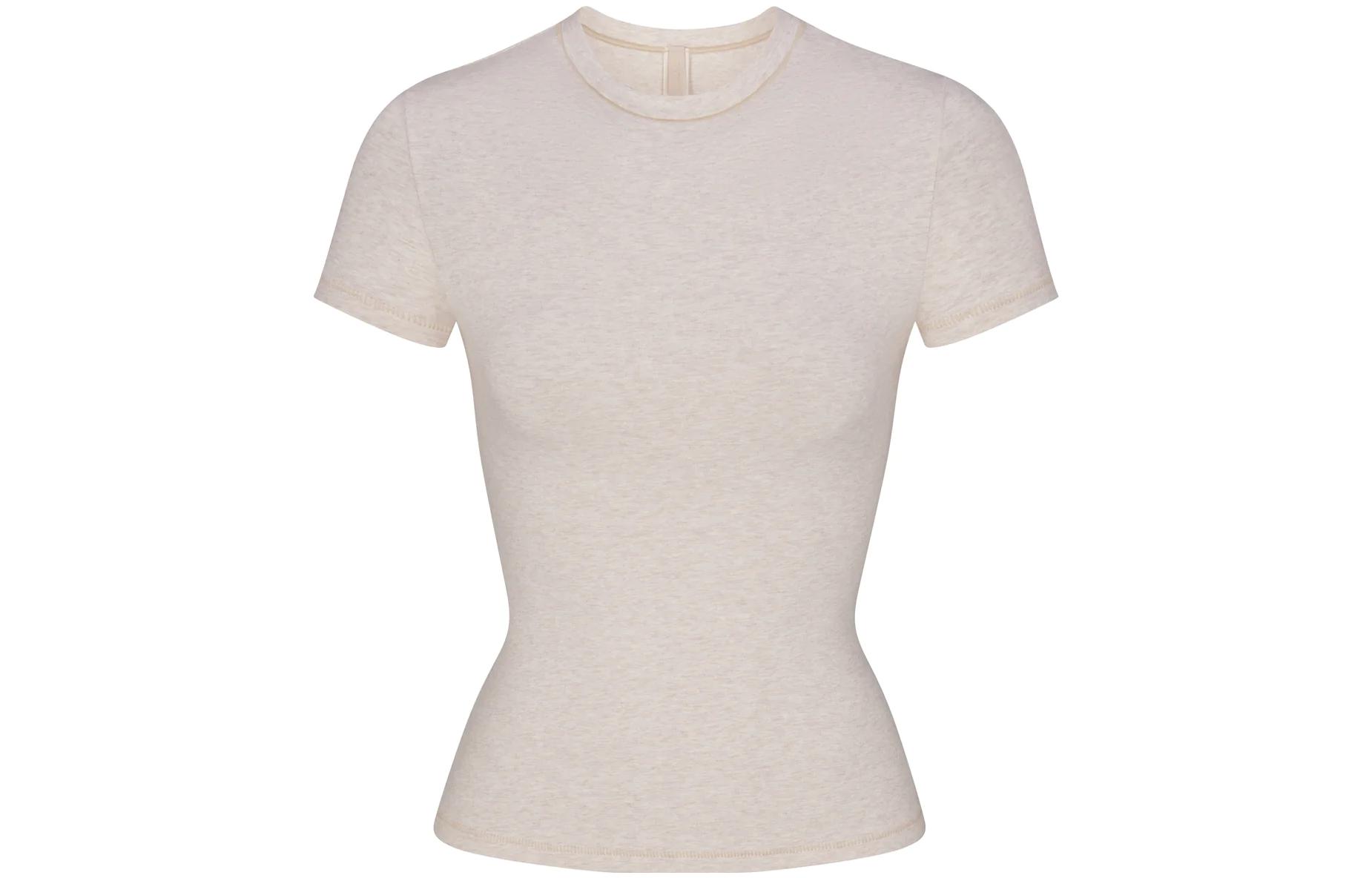 (Women) SKIMS Cotton Jersey  T-Shirt Heather Oatmeal Round Neck Short Sleeve AP-TSH-0638-HOM