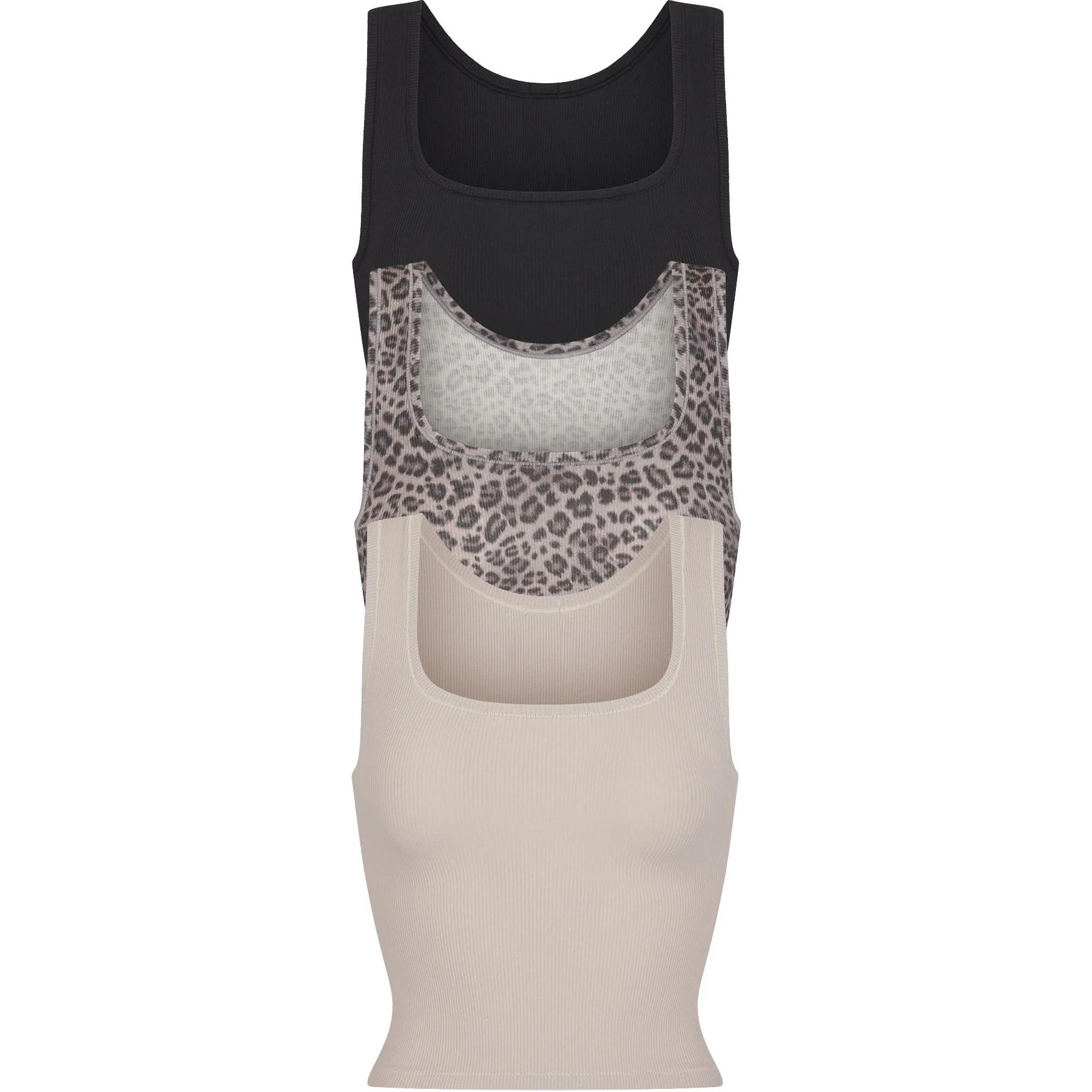 (Women) SKIMS Cotton Rib Tank 3-Pack Sleeveless - Snow Leopard Multi Colors TP-TNK-5594W-SOT-CLOTHES