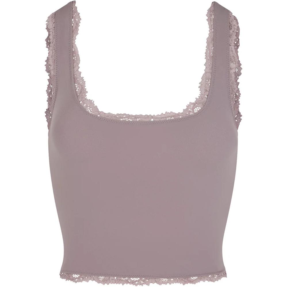 (Women) SKIMS Fits Everybody Lace Tank Zinc Romantic Soft Lace Slim Fit Top TP-TNK-5378W-ZNC