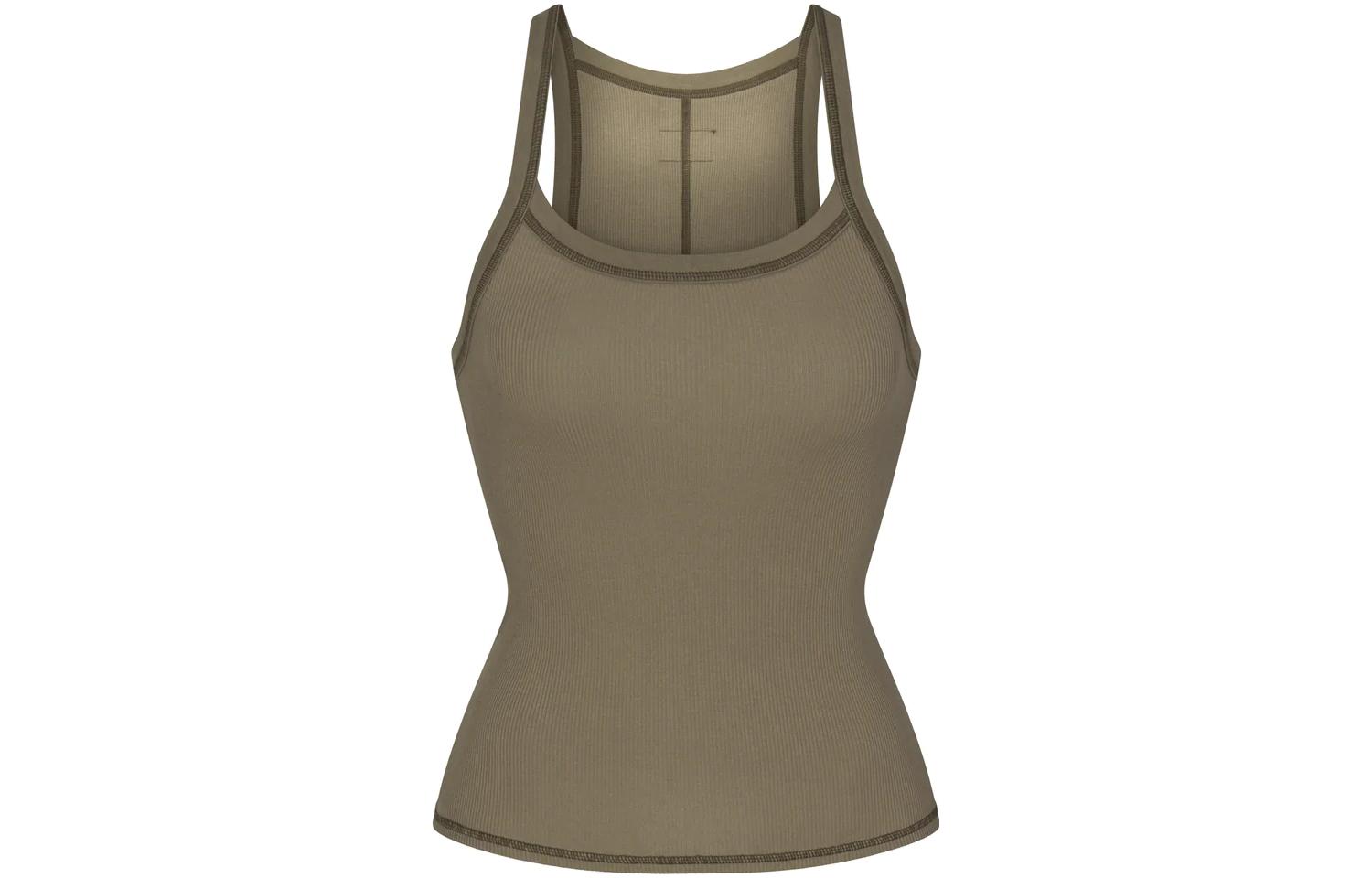 (Women) SKIMS FW23 Cotton Scoop Tank Ribbed Olive Green Casual Sports Top. TP-TNK-3949-ARM