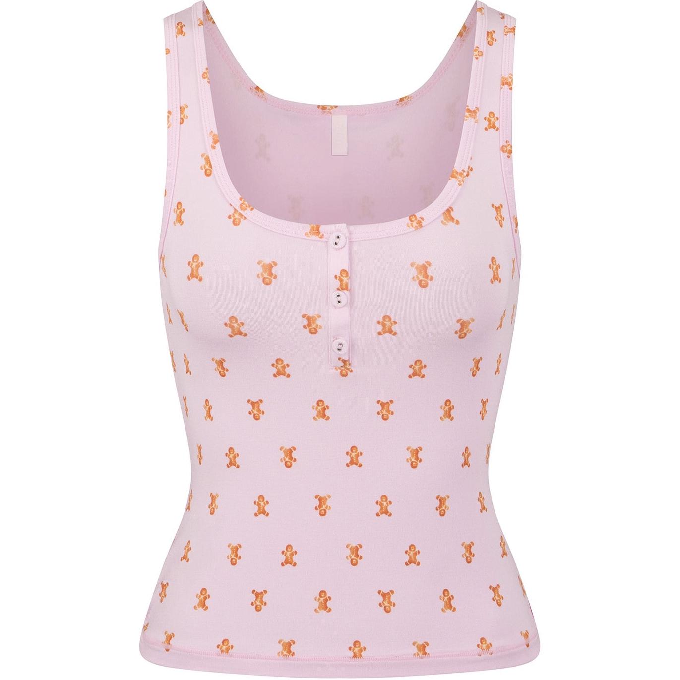 (Women) SKIMS FW24 Holiday Sleep Henley Tank Cherry Blossom Gingerbread Print TP-TNK-6289W-CMB