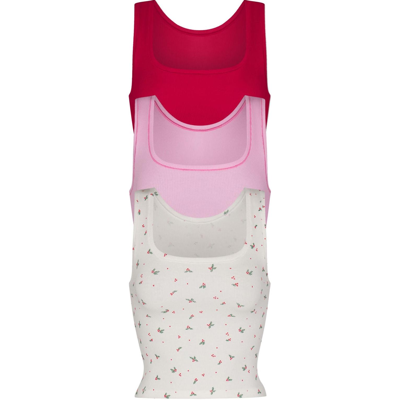 (Women) SKIMS Holiday FW24 Cotton Rib Tank 3-Pack Breathable Tops - Marble Holly Multi. TP-TNK-5594W-MHP