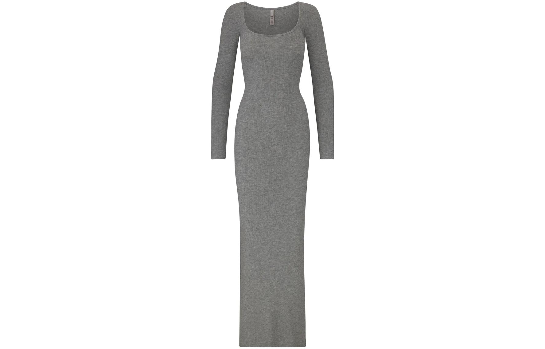 (Women) SKIMS Soft Lounge Long Sleeve U-Neck Maxi Dress  Heather Grey AP-DRS-1701-HEG