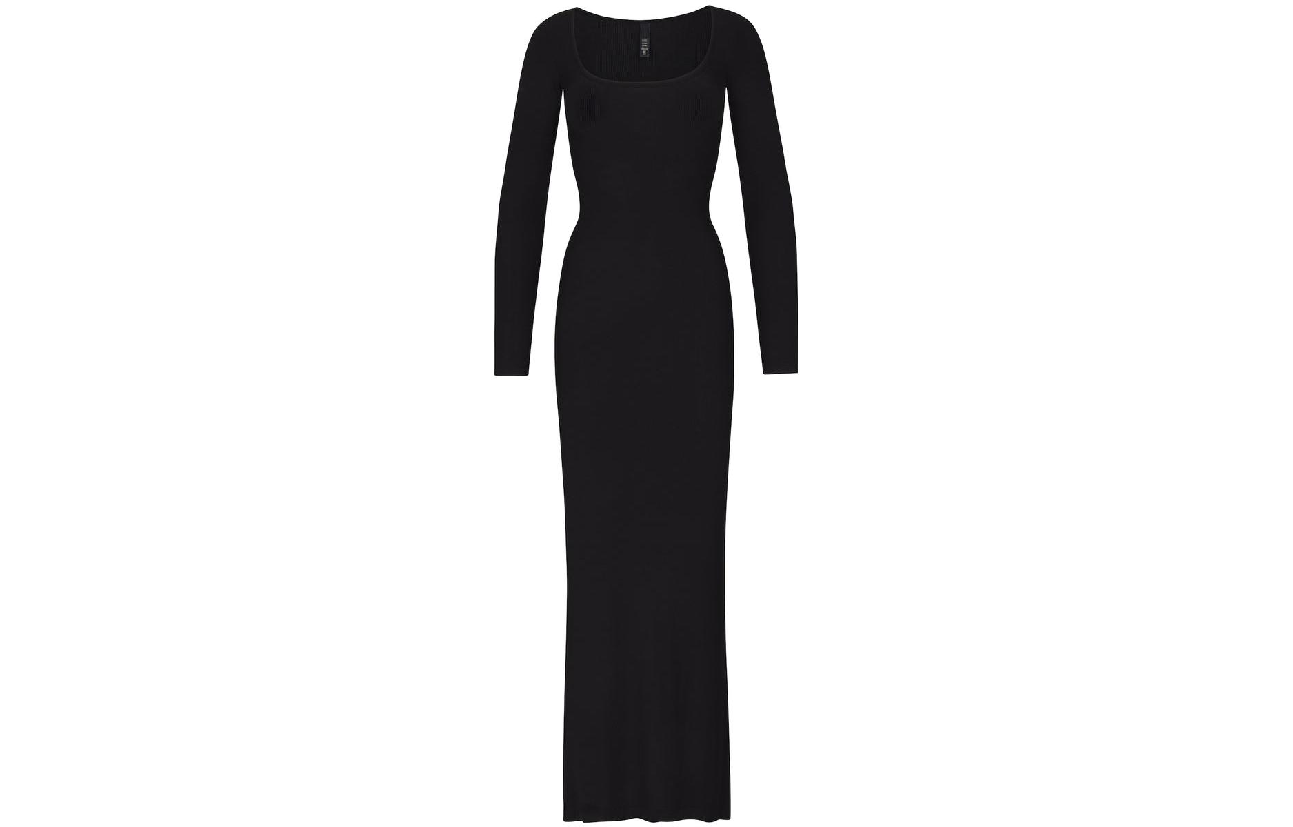 (Women) SKIMS Soft Lounge Petite Long Sleeve Dress  Solid Onyx Black Maxi Dress DR-MID-4352-ONX