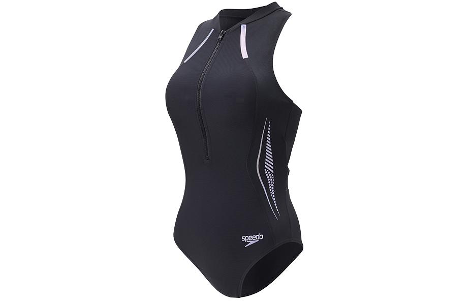 (Women) Speedo  Black V-Neck Striped Zip Slim-Fit One-Piece Swimsuit. 815828H723