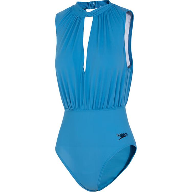 (Women) Speedo  Blue Solid Ruched Slim-Fit Sleeveless One-Piece Swimsuit 8-129730309