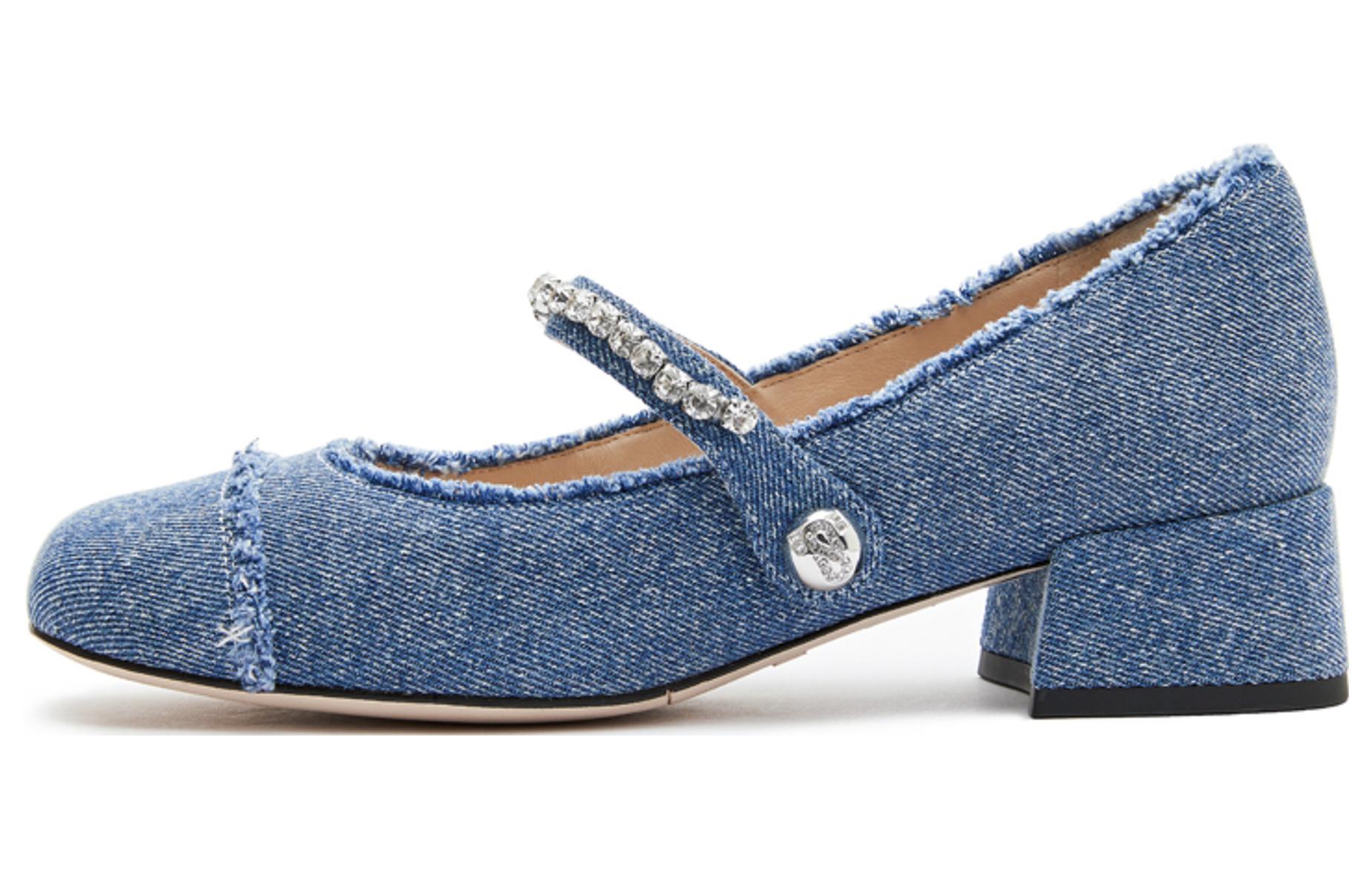 (Women) Staccato Fabric Square Toe Slip-On Chunky High Heels 'Denim Blue' EGI10CQ3