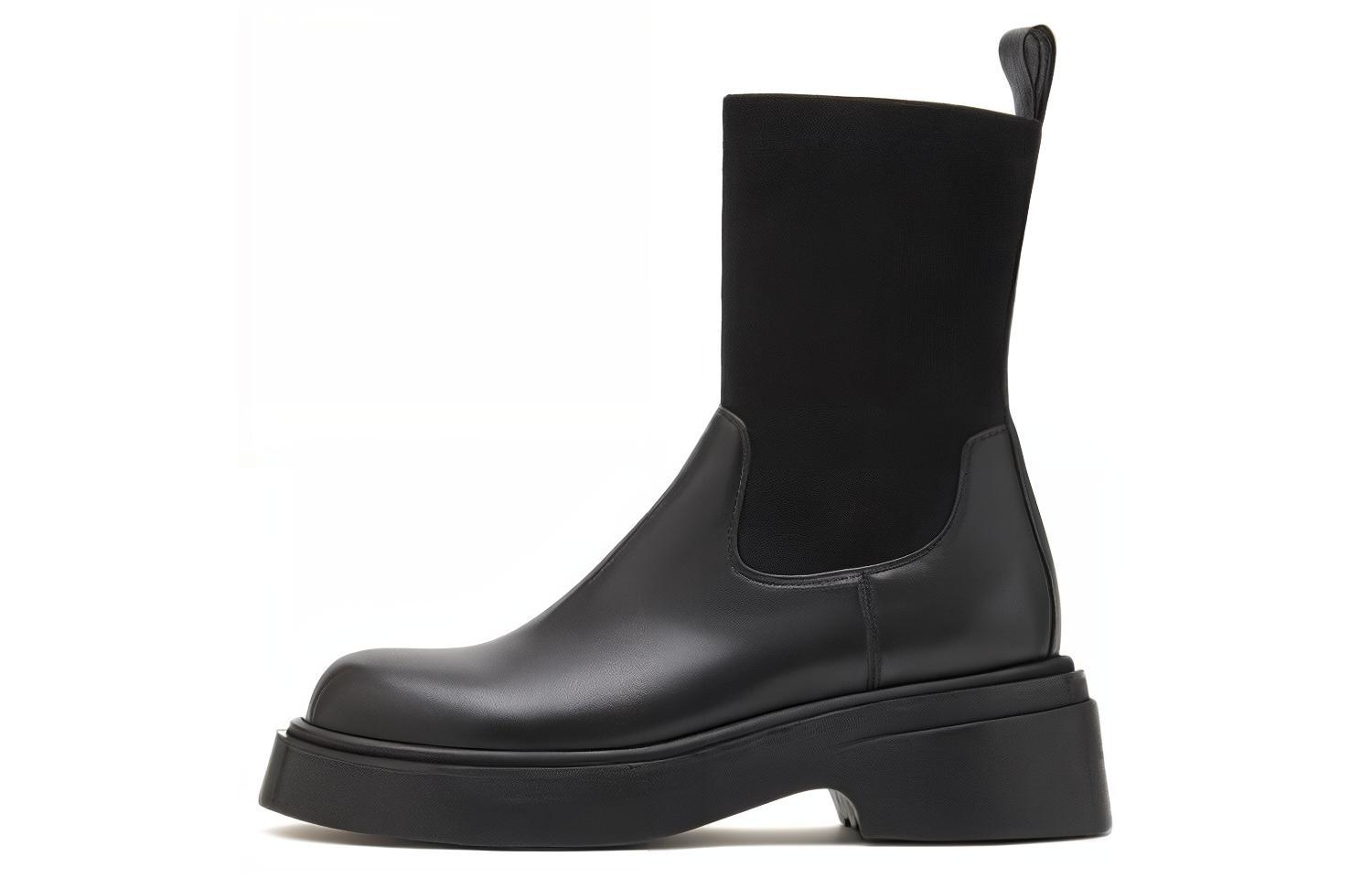 (W) Staccato Leather Elastic Sock Mid-Calf Boots 'Chunky Sole Black'
