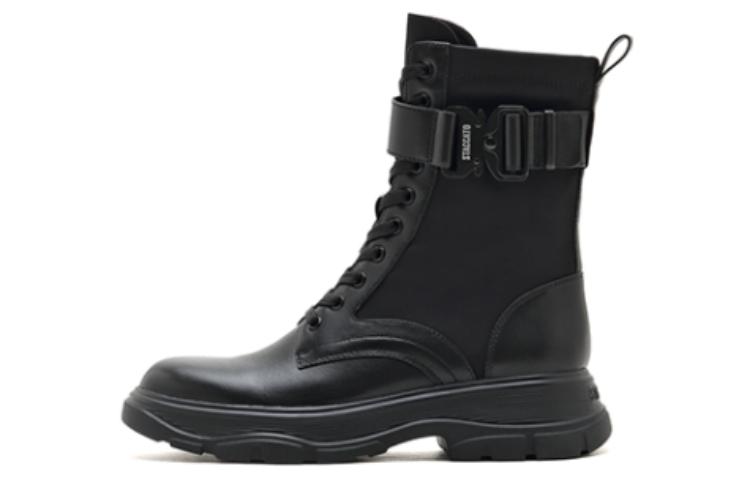 (W) Staccato Leather Round Toe Chunky Gear Mid-Calf Martin Boots 'Sweet Cool Black'