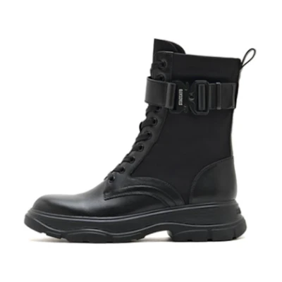 (W) Staccato Leather Round Toe Chunky Gear Mid-Calf Martin Boots 'Sweet Cool Black'
