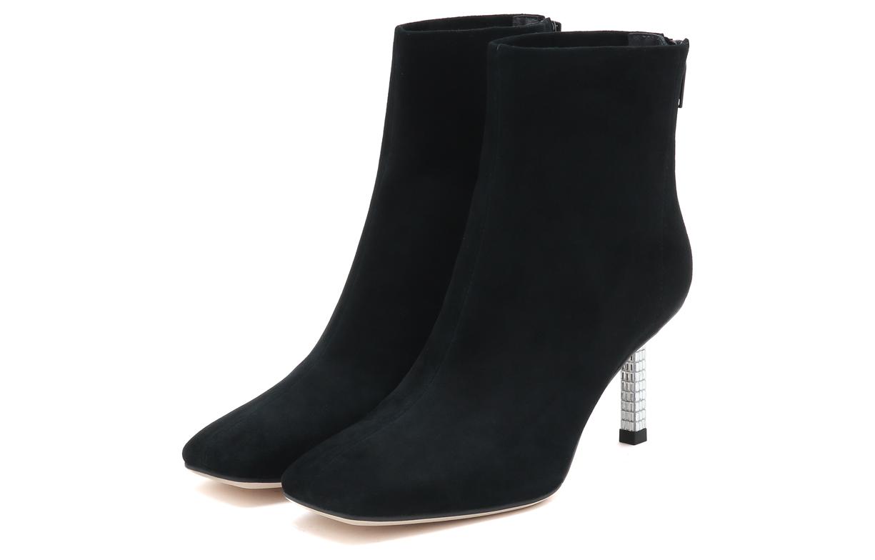 Lookbook (W) Staccato Sepatu Boot Tumit Tinggi Zipper Hitam Kulit Domba Ujung Kotak 9VP20DD2