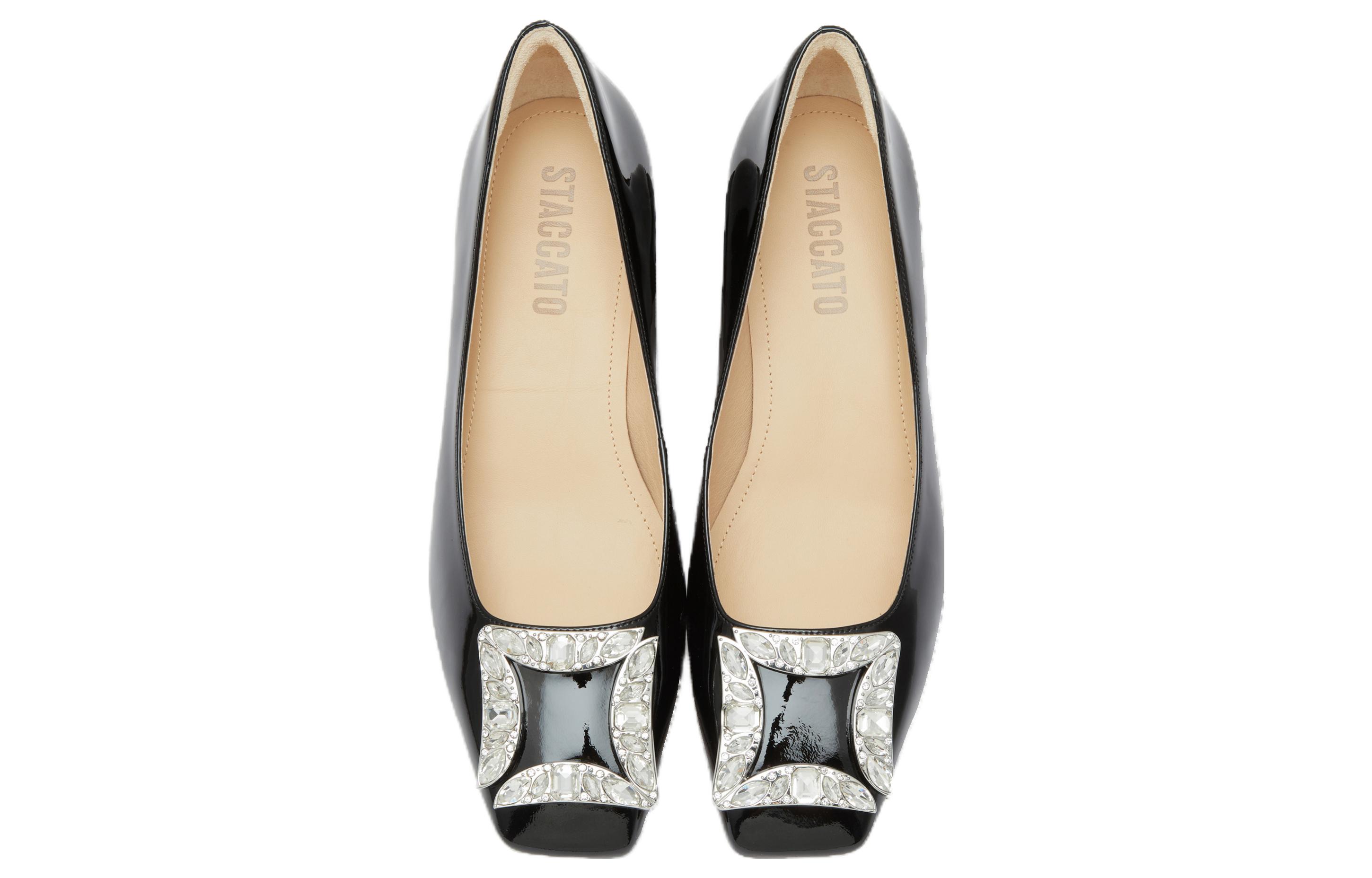 Cheap (Women) Staccato Square Toe Slip-On Chunky Heel 4.5cm 'Black Leather' EL603CQ3