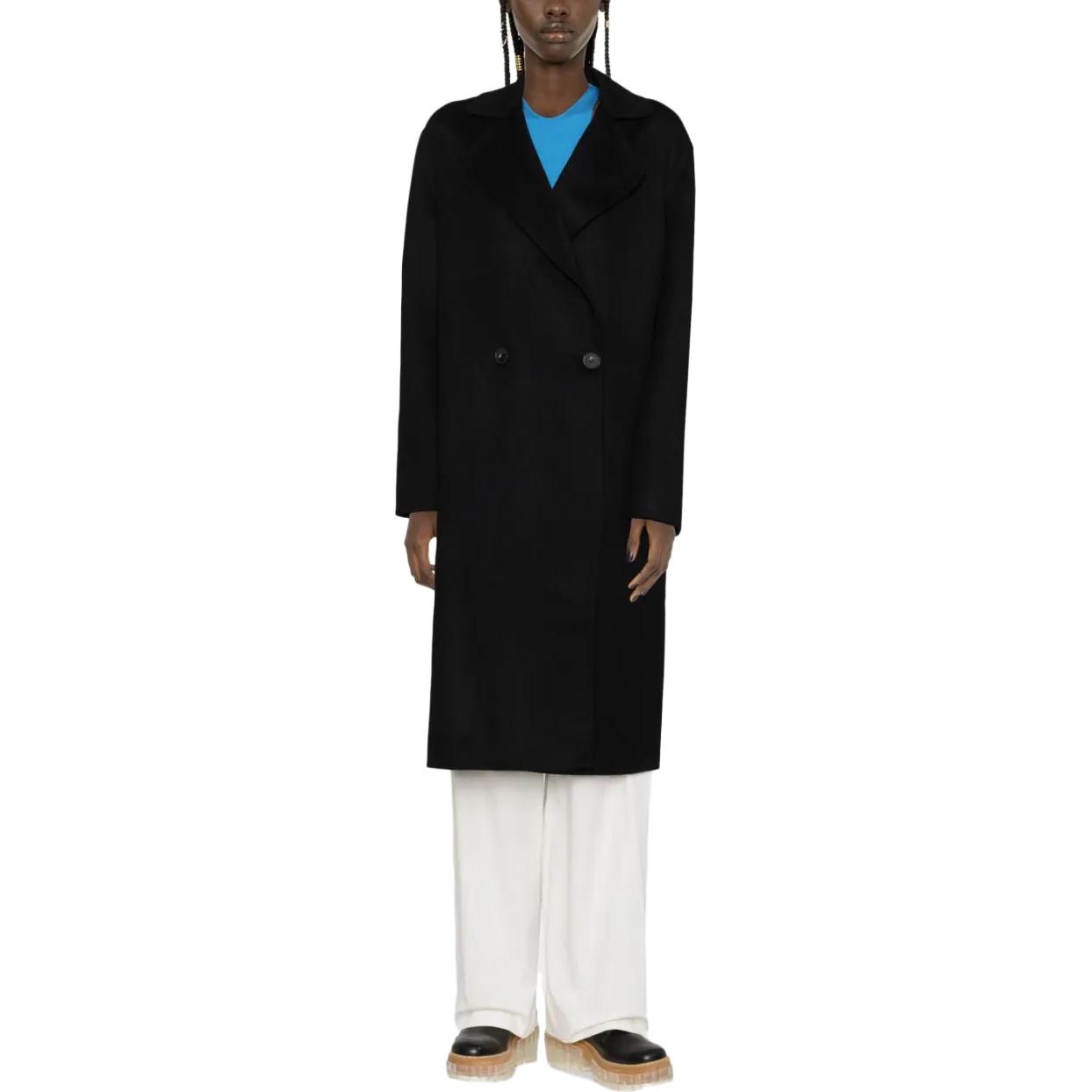 Shop (W) ステラマッカートニー ソリッドブラック ノッチドラペルミドル丈コート. 660041SPB051000