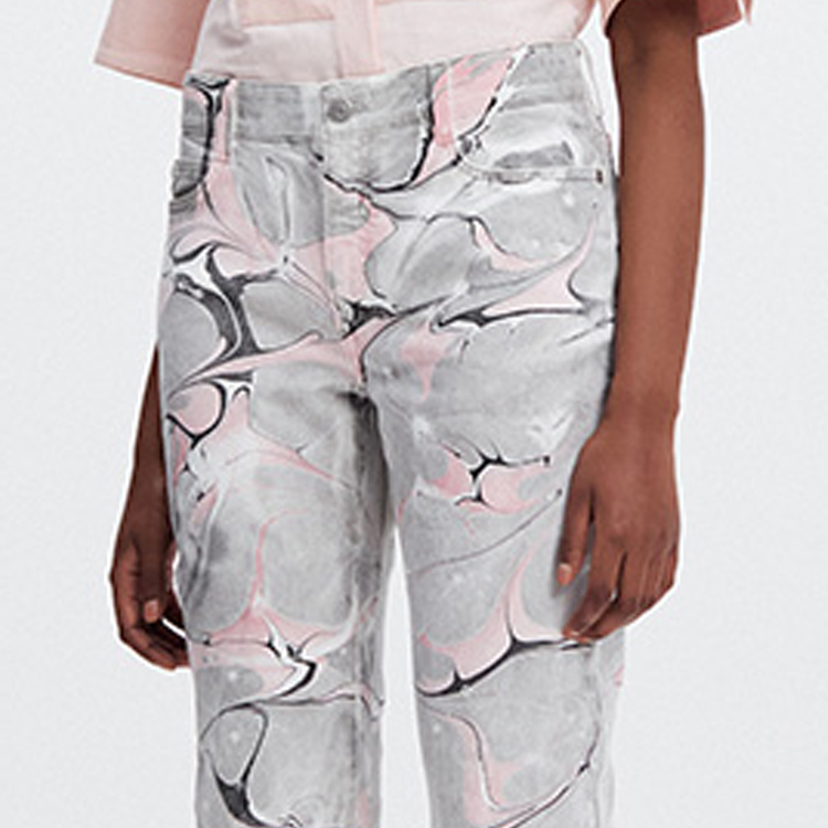 Sizing (W) Stella McCartney Seluar Jeans Wanita Pinggang Tinggi Cetakan Abstrak Pink Kelabu. 372773SOH44-8318