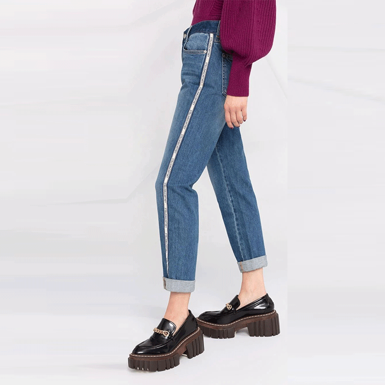 Sizing (W) Stella McCartney FW21 Jeans Biru Potongan Lurus dengan Logo Trim 603702-SOH47-4045