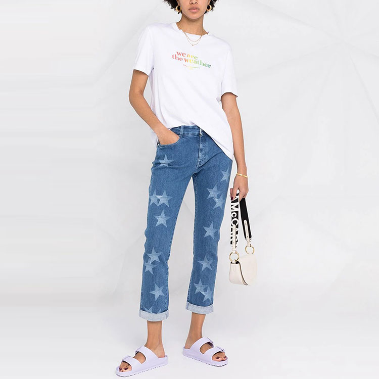 Shop (W) Stella McCartney SS21 Jeans Biru Corak Bintang Gaya Kasual Seluar Lurus. 372773SOH27-4057