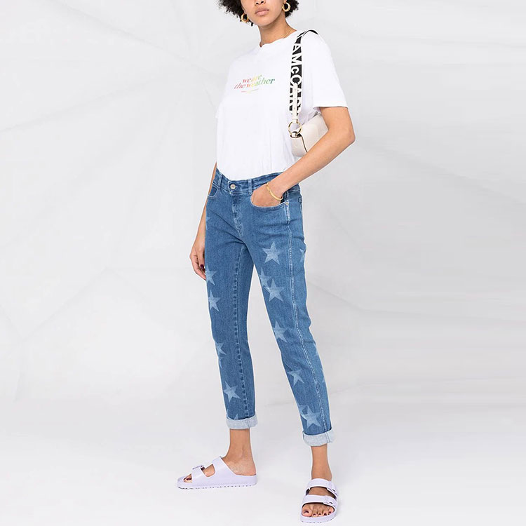 Details for (W) Stella McCartney SS21 Jeans Biru Corak Bintang Gaya Kasual Seluar Lurus. 372773SOH27-4057