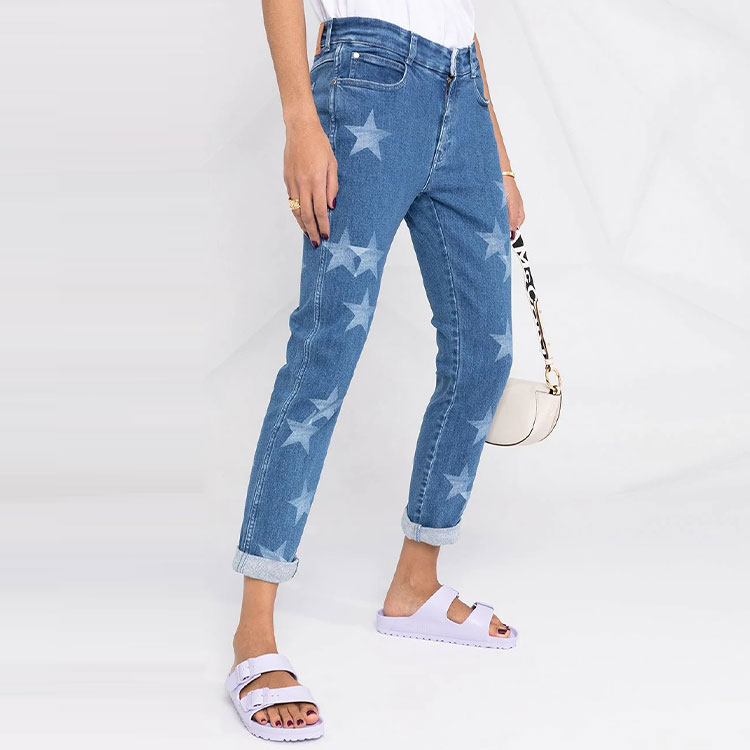 Sizing (W) Stella McCartney SS21 Jeans Biru Corak Bintang Gaya Kasual Seluar Lurus. 372773SOH27-4057