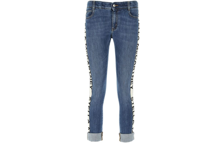Order (W) Stella McCartney SS21 Seluar Jeans Denim Regang Logo Sisi Biru. 372773SNH55-4008