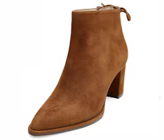 Lookbook Stuart Weitzman 粗跟繫帶裝飾絨面皮尖頭矮筒靴 女款 駝色