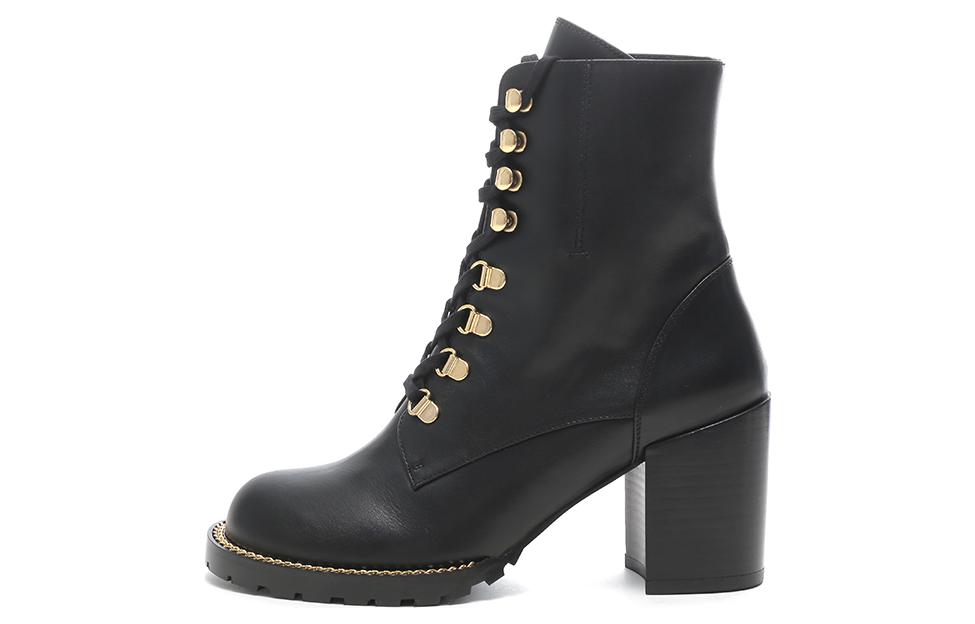(Women) Stuart Weitzman Black Leather Chain Lace-Up Ankle Boots. KOLBIE BLOCK BOOTIE CALF Matte Black.