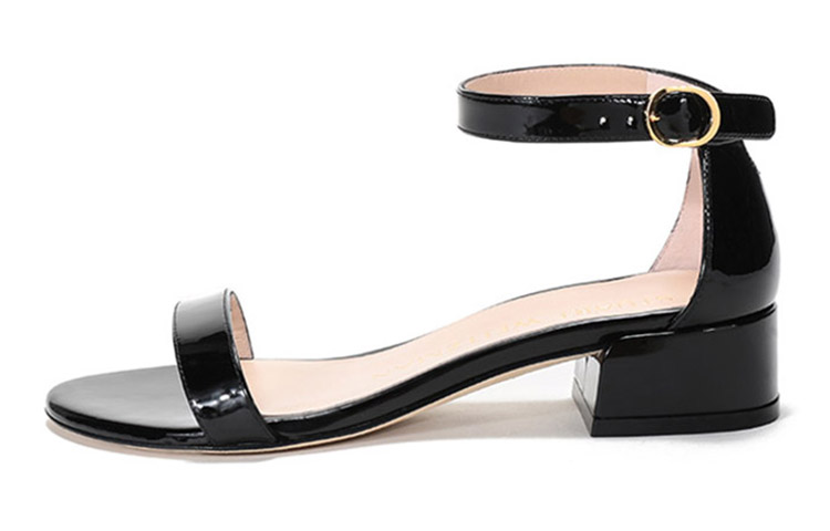 (Women) Stuart Weitzman Black Leather Mid-Heel Sandals with Ankle Strap NUDIST JUNEPAT PATENT Black