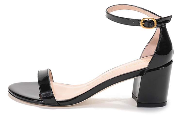 (Women) Stuart Weitzman Black Leather Strap Sandals with Buckle Design SIMPLEPATPATENT Black
