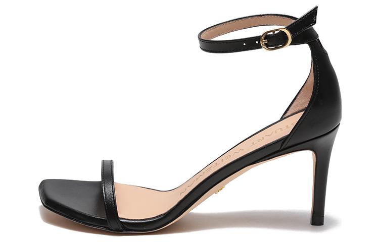 (Women) Stuart Weitzman Black Leather Strappy Sandals 7.5cm Heels NUDISTCURVE75SAND Smooth Black - Elegant 75mm Sandal