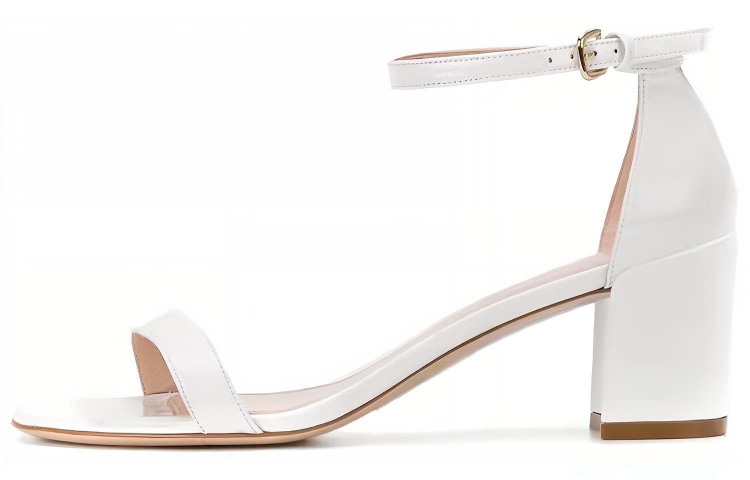 (W) Stuart Weitzman Block Heel Patent Sandals with Gold Buckle 'White'