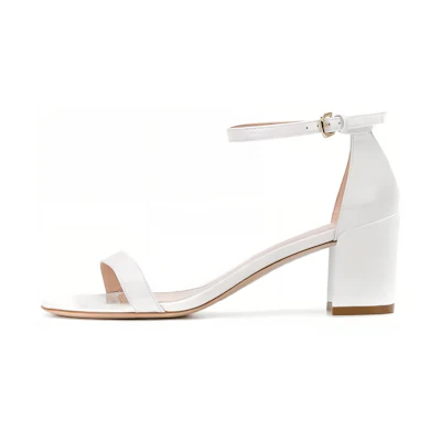 (W) Stuart Weitzman Block Heel Patent Sandals with Gold Buckle 'White'