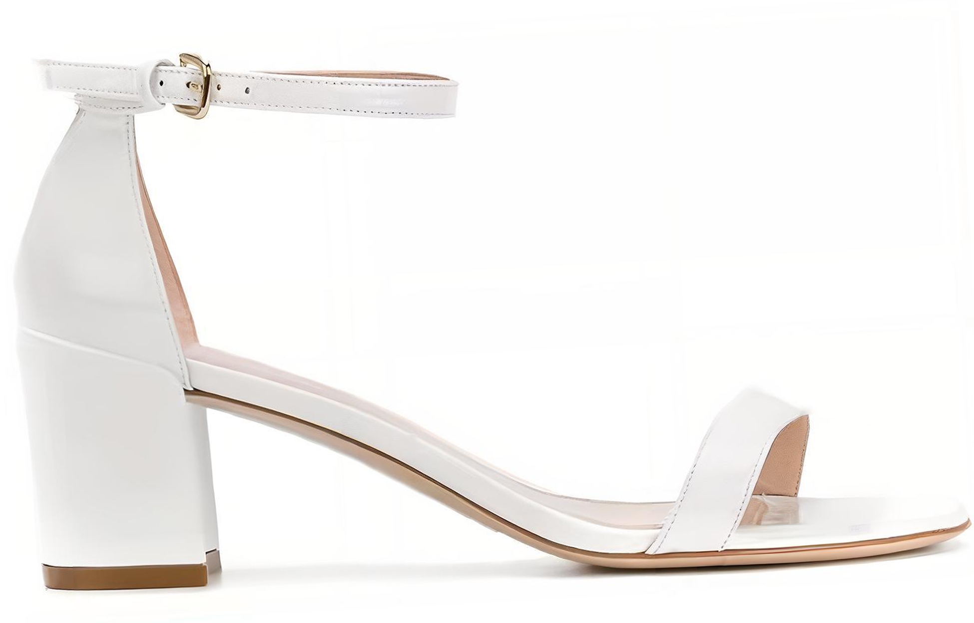 (W) Stuart Weitzman Block Heel Patent Sandals with Gold Buckle 'White' 圖 2