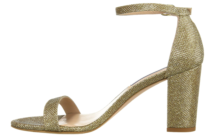 (Women) Stuart Weitzman Gold Leather Block Heel Strap Sandals NEARLYNUDEZL Gold Color.