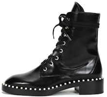 (Women) Stuart Weitzman Leather Martin Ankle Boots with Pearl Embellishment 'Black' SONDRASMOSMOOTHCALFBLACK (Women) Stuart Weitzman Leather Martin Ankle Boots with Pearl Embellishment 'Black' SONDRASMOSMOOTHCALFBLACK