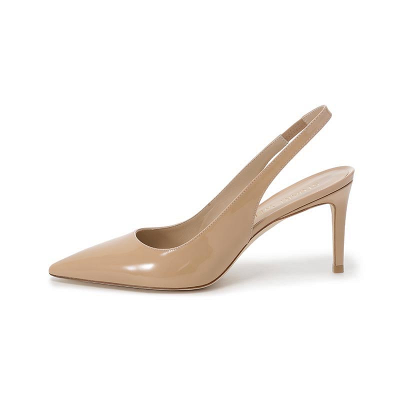 (Women) Stuart Weitzman Patent Leather Nude Pointed Toe 7.5cm Stiletto Heels for Women. STUART75 Slingback Pumps Nude Color.
