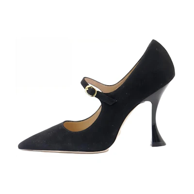 (W) Stuart Weitzman Pointed-Toe Stiletto Pump 'Black Velvet Buckle'