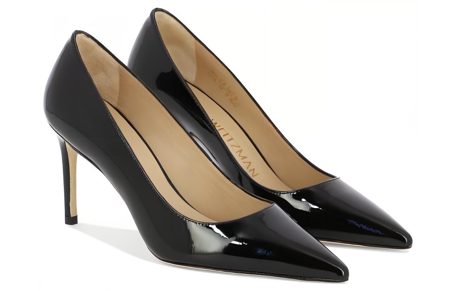 Lookbook (W) Stuart Weitzman Kasut Tumit Tinggi Slip-On Hujung Runcing 'Kulit Hitam' STUART85PUMPSA776BLK