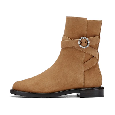 (W) Stuart Weitzman Ryder Bootie 'Pearl Buckle - Cream Brown'
