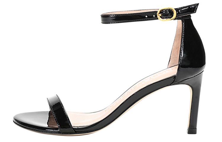 (Women) Stuart Weitzman SW Black Leather Buckle Heeled Sandals 7.5cm NUNAKEDSTRAIGHTPATPATENT Black