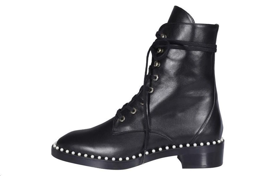 (Women) Stuart Weitzman SW Black Leather Mid-Calf Combat Boots S5226BLK Black Color