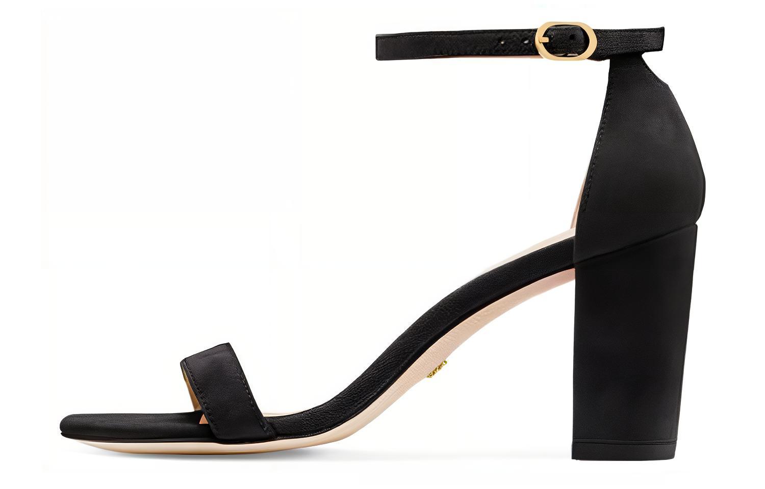 (Women) Stuart Weitzman SW Black Open-Toe Buckle Strap Heels 8cm S2206BLK Black