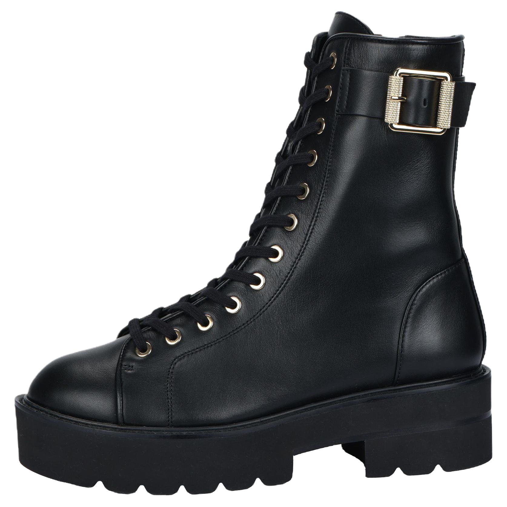 (Women) Stuart Weitzman SW Black Retro Mid-Heel Leather Ankle Boots RYDER ULTRA FIT CHIS5546 Black