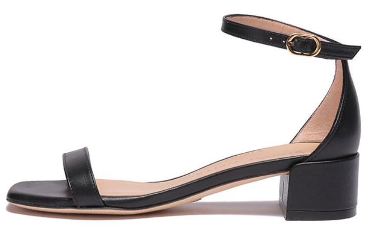 (Women) Stuart Weitzman SW Black Square-Toe Block Heel Strap Sandals NUDISTCURVE35BLOCKSMOSMOOTH Black
