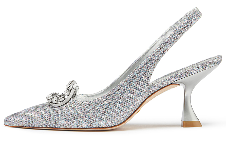 (Women) Stuart Weitzman SW Blingring Xcurve 75 Silver Slingback Pointed Toe Heels Women. SW3204020 Silver Color
