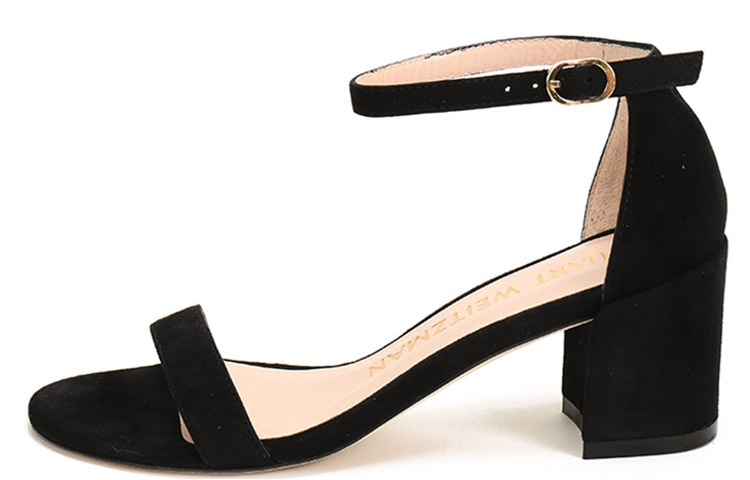 (Women) Stuart Weitzman Velvet 'Black Chunky Heel Sandal' SIMPLESUESUEDEBLACK