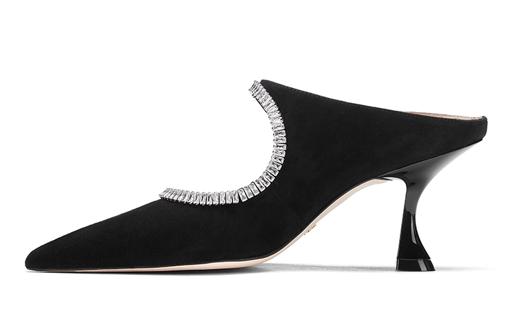 (Women) Stuart Weitzman Xcurve Crystal 75 Mule 'Black Suede' SW2504005-BLK